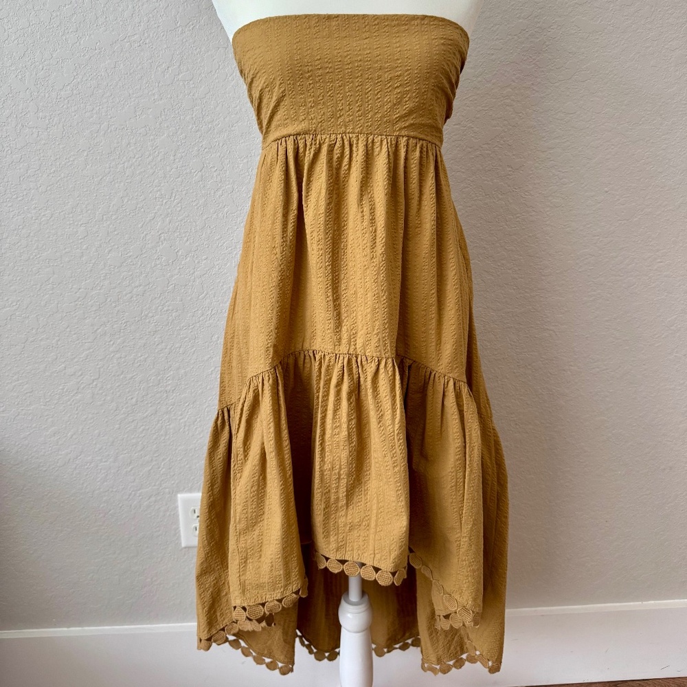 Maeve Anthropologie High-Low Strapless Midi Dress Bow Gold XS